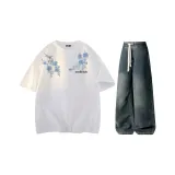 Комплект одежды (Белый топ [320 г, тяжелый] + Винтажные синие штаны)