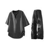 Серый топ с короткими рукавами Tie-Dye + черные рваные джинсы