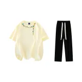 Комплект одежды (Бежевая Желтая Футболка + Черные Повседневные Штаны)