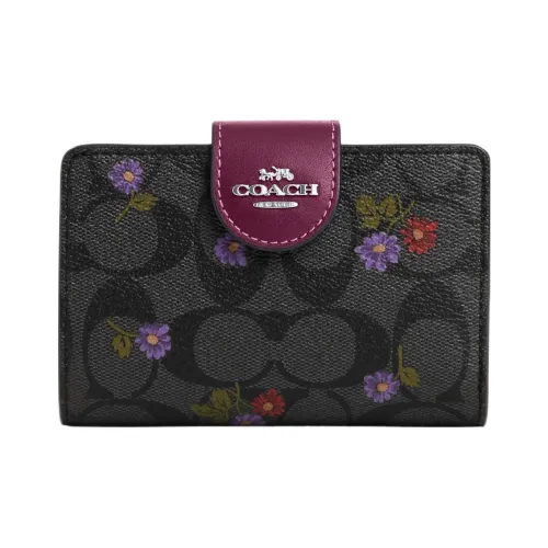 COACH Corner Zip Холст с кожей Мелочь Кошелек Кошелек Обычный Женские Графитовый Темная ягода