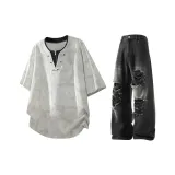 Белая рубашка с коротким рукавом Tie-Dye + черные рваные джинсы