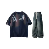 Комплект одежды (Темно-синий топ (320 г, тяжелый) + винтажные синие штаны)