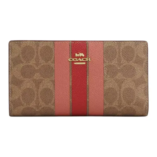 COACH Подпись Покрытый холст Кошелек Маленький Женский Цветовой блок и Красный