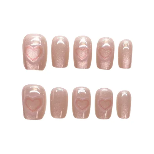 Gentle Welcome Съемный Cut Out Сердце False Nail Короткий Нюдовый Розовый Смужка Кошачий глаз