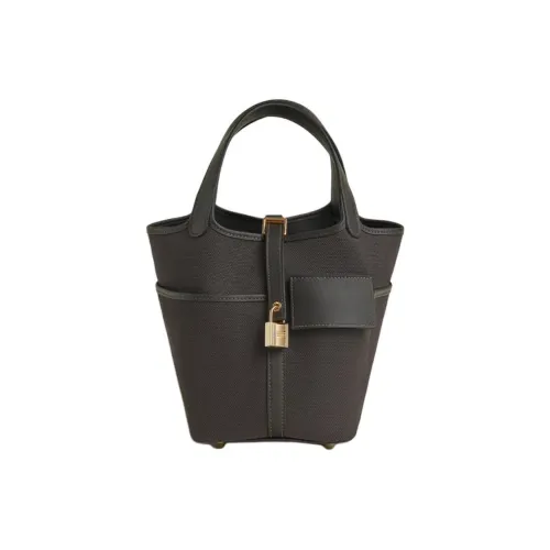 HERMES Picotin Lock Goeland Холст Swift Телячья кожа Корзинка Сумка Женская Темно-черная