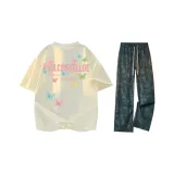 [Одежда Комплекты] Абрикосовая футболка + черные повседневные штаны с эффектом тай-дай