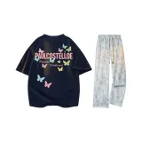 [Одежда Комплекты] Темно-синий футболка + белые тай-дай повседневные штаны