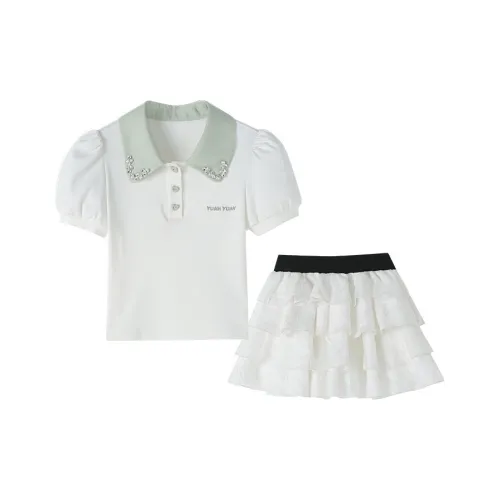 Детский комплект для девочек 3-7 лет YUANYUAN GIRL 2 предмета белая рубашка + короткая юбка