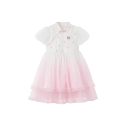 PAW IN PAW Cartoon Bear Сладкий стиль Рукав буф Платье SS25 Сливочный Children Возраст 3-7 лет