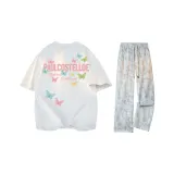 [Одежда Комплекты] Белый Фотиния Серый Футболка + Белые Тай-дай Повседневные Штаны