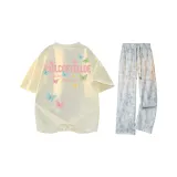 [Одежда Комплекты] Абрикосовая футболка + белые тай-дай повседневные штаны