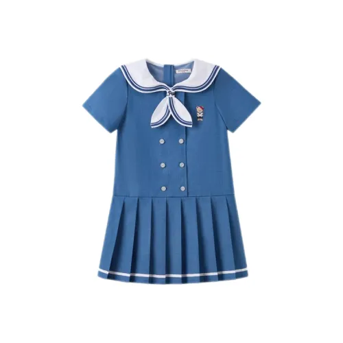 PAW IN PAW Cartoon Bear Воротник военного флота Плиссированный Платье SS25 Синий Дети Возраст 3-7 лет