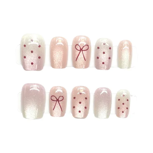 Gentle Welcome Гороховый узор Бант False Nail Короткий Нюдово-розовый Стиль Smudge Instagram