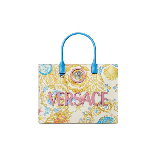 VERSACE Хлопок Тоут Сумка Сумка для покупок Сумка Большая Женская Светло-синяя и Белая