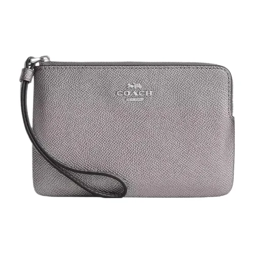 COACH Corner Zip Крестообразная текстура Кожа Клатч Запястье Сумка Маленький Женский Металлический серый