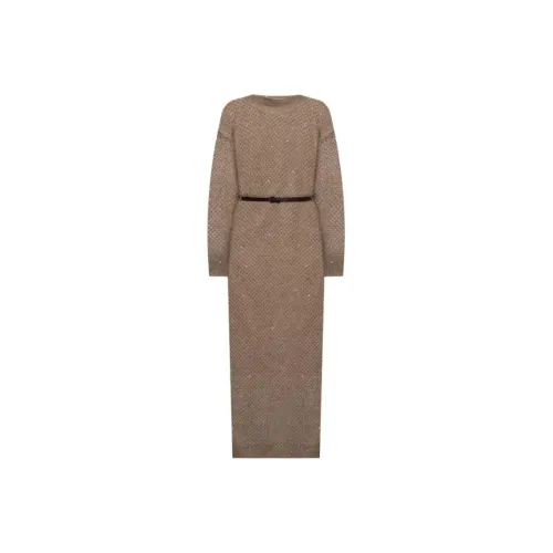 BRUNELLO CUCINELLI Длинное платье с длинными рукавами женское коричневое