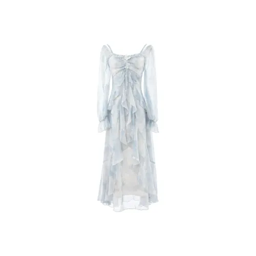 CHARM GLOW Длинное платье с длинными рукавами женское серо-голубого цвета