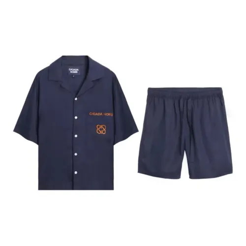 CICADAHOME Минималистский стиль Однотонный Летний Комплекты Одежды Темно-синий Синий Мужские Пижамные Наборы