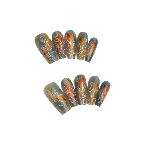 JIXUAN Как рыба в воде Эксклюзивный Квадрат Золотая рыбка Китайский стиль False Nail Длинный Синий Смужка Новый китайский стиль