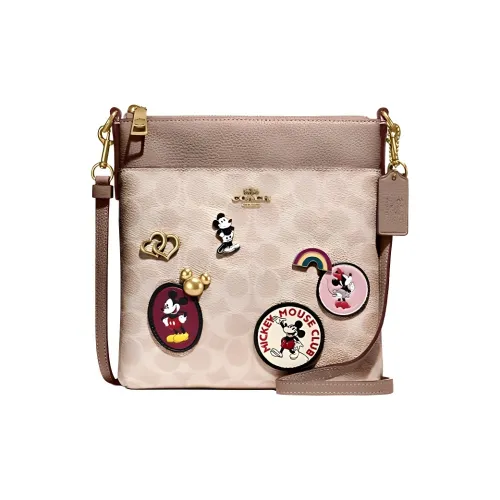 COACH Disney Mickey Коллаборация Kitt Покрытый холст с кожаными вставками Сумка через плечо Маленькая Женская Латунь Песочный Серый Коричневый