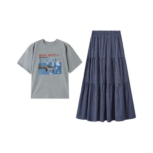 Meanalot Серый T Рубашка + Клетчатая Юбка Комплект Одежды [с Повязкой на голову] Женские Комплекты с Юбкой