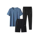 Комплект одежды (Рубашка с коротким рукавом озера синего цвета + черные шорты + черные штаны)