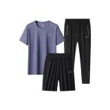 Комплект одежды (Серая синяя рубашка с коротким рукавом + черные шорты + черные штаны)