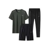 Комплект одежды (Армейская зеленая рубашка с коротким рукавом + черные шорты + черные штаны)