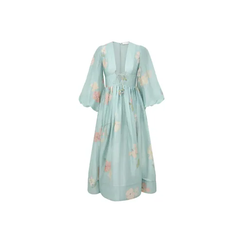 Zimmermann Длинное платье с длинными рукавами женское мятного цвета с гибискусом