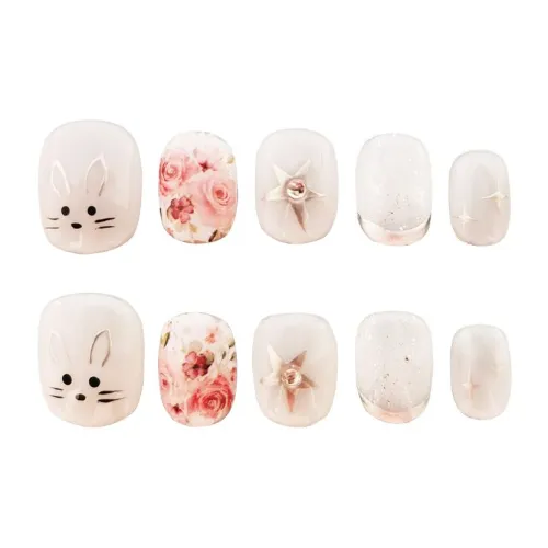 JOLLY BULL Cute Rabbit False Nail Cropped Square And Round White Solid Color