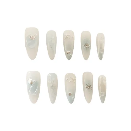 JOLLY BULL Океанический стиль False Nail Миндаль Длинный Заостренный Светло-синий Смужка Французский