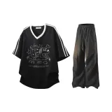 Черная рубашка с короткими рукавами + черные повседневные штаны