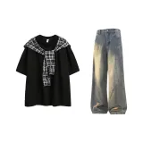 Чёрный топ + жёлтые грязные штаны