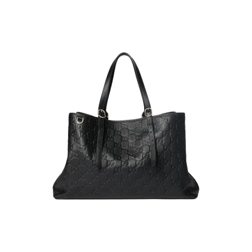 GUCCI GG Emblem Кожа Тоут Сумка Сумка для покупок Сумка на плечо Большая Женская Черная