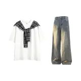 Белый топ + желтые грязные штаны