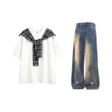 Белый топ + винтажные синие штаны