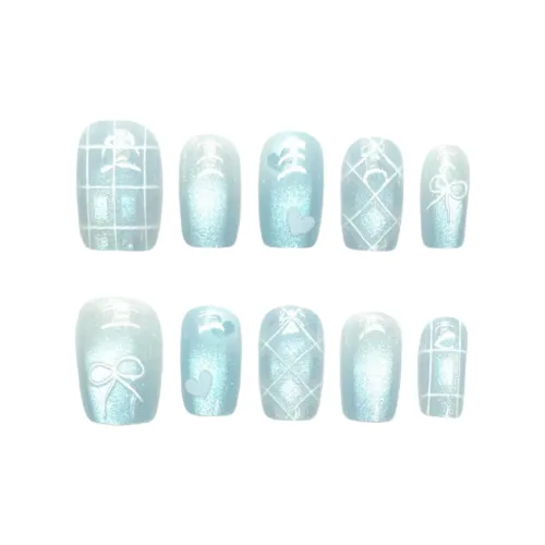 Gentle Welcome Sweetheart Клетчатый False Nail Короткий Синий Smudge Стиль Instagram