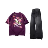 Комплект одежды (Виноградный фиолетовый топ + черные и серые штаны)