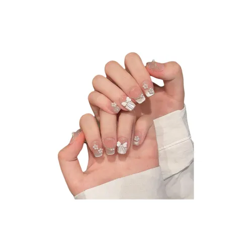 Rui Jin Лето Girlish Creamy Style Sticky Rice Bowknot French False Nail Short Bright Solid Color Cat Eye 18mm