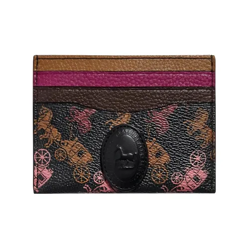 COACH Card Case Покрытие Холст Кожаный Вставка Держатель для Карт Женские Черный Розовый Желтый