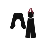 Черный топ на бретелях + черный кардиган + черные штаны