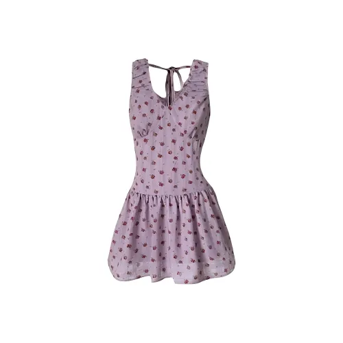 VKXOW Фиолетовое платье с V-образным вырезом и цветочным узором, женское платье без рукавов