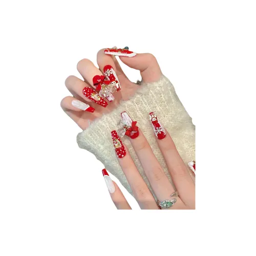 Rui Jin Жемчужная цепочка Санта-Клаус Осветляющий Премиум Feel False Nail MID Длина Красный Однотонный Милый 28 мм