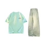 Комплект одежды (Мятно-зеленый топ + Желтые грязные штаны)