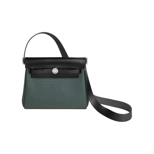 HERMES Herbag Zip Холст с Hunter Коровья кожа Сумка через плечо Сумка на плечо Женская Болотный зеленый и Черный