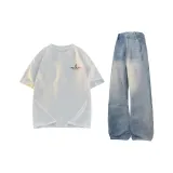 Комплект одежды (Белый Серый Топ + Винтажные Синие Штаны)