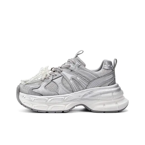 EXULL Q Противоскользящий Дышащий Легкий Увеличивающий Высоту Низкий Топ Кроссовки с Толстой Подошвой Женские Белые Серебряные