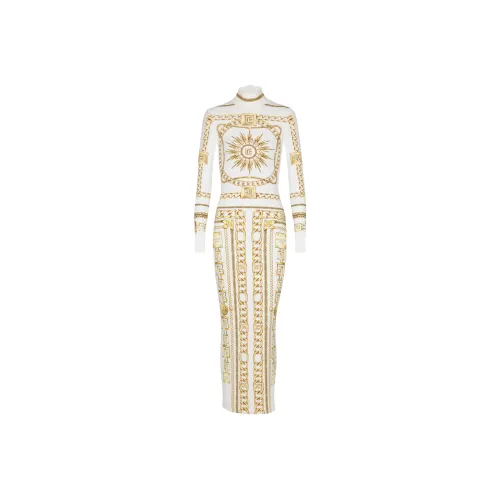 BALMAIN SS25 Длинное платье с длинными рукавами женское белое