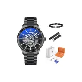 8021 Крутой Черный, Стальной Браслет [Высококачественная Апельсиновая Кожа Коробка + Натуральная Кожа Ремешок + Браслет]