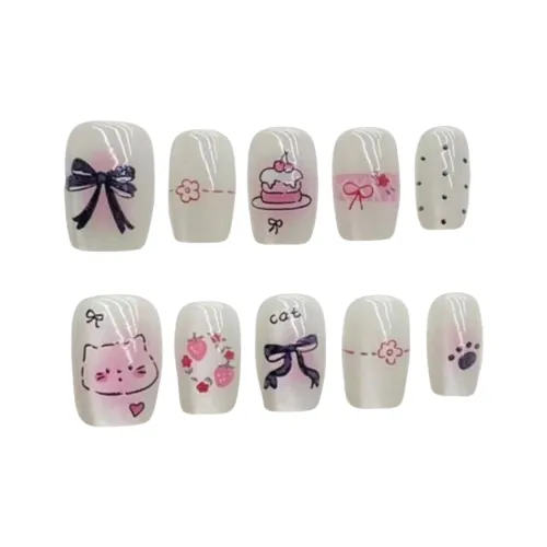 Gentle Welcome Strawberry Cake Cat Eye False Nail Short Pink Smudge Coquette